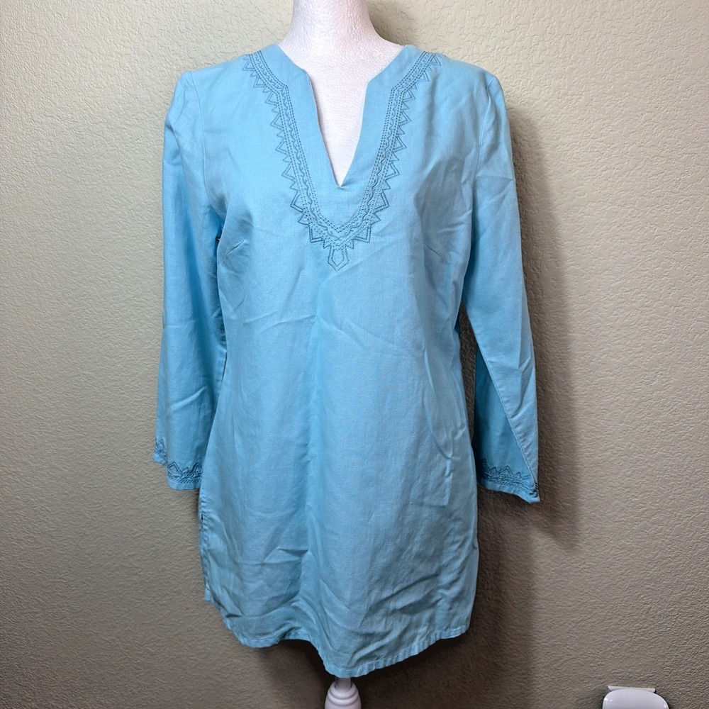 La Redoute Linen Tunic Top 8 Blue Embroidered V Neck Split Side Kaftan Coverup